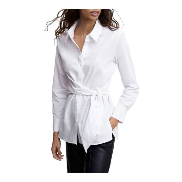 MANGO Tie Front Long Sleeve Cotton Button-Up Shirt size XS - Picture 1 of 8
